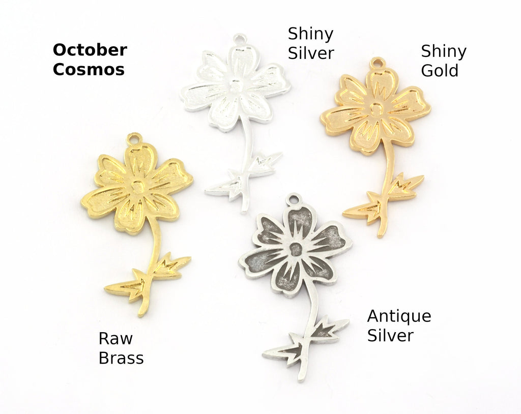 Birth Monthly Flower (October Cosmos) Charms Pendant Raw Solid Brass , Antique silver, Shiny silver, Shiny gold plated 37x21mm 5272