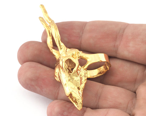 Goat Skull Ring Adjustable Shiny Gold Plated brass (18mm 8US inner size) 5228