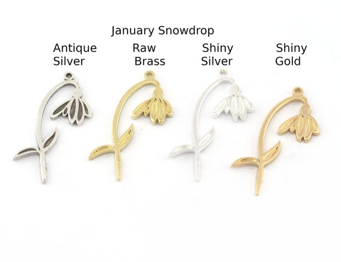 Birth Monthly Flower (January Snowdrop) Charms Pendant Raw Solid Brass , Antique silver, Shiny silver, Shiny gold plated 38x25mm 5264