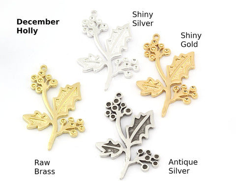 Birth Monthly Flower (December Holly ) Charms Pendant Raw Solid Brass , Antique silver, Shiny silver, Shiny gold plated 38x24mm 5267