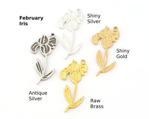 Birth Monthly Flower (February Iris) Charms Pendant Raw Solid Brass , Antique silver, Shiny silver, Shiny gold plated 37x18mm 5269