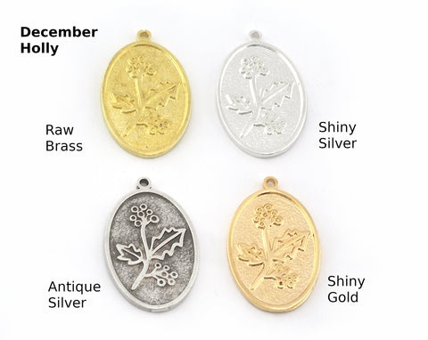 Birth Monthly Flower (December Holly ) Oval Charms Pendant Raw Solid Brass , Antique silver, Shiny silver, Shiny gold plated 29x18mm 5274