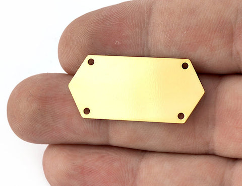 Shiny gold plated brass connector elongated hexagon shape 35.5x16mm 0.8 Thickness stamping blank 4 hole pendant 2024-350