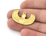 Beetle Scarab Wings, Insect Ancient Egyptian Charms, Blank bezel pendant Brass, Shiny gold plated 33x18mm 4mm blank 5256